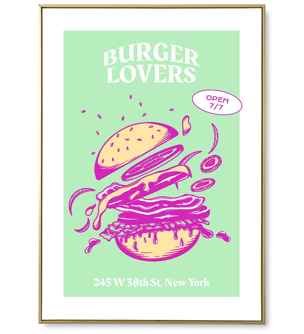 Affiche d'un hamburger aux belles couleurs : vert, jaune et rose. Les éléments volent dans l'affiche, c'est gourmand, original et aérien