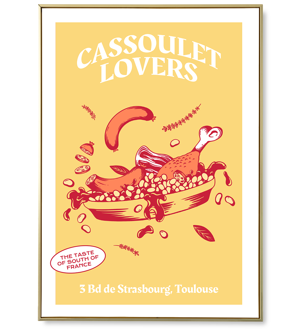 Affiche de cassoulet aux belles couleurs jaune, orange et rouge. Les éléments volent dans l'affiche, c'est gourmand, original et aérien