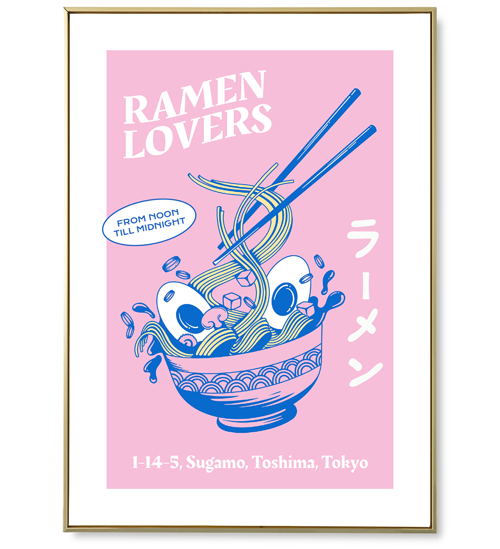 Affiche d'un ramen, couleurs de fond rose et ramen en bleu, le contraste des couleurs et très beau. L'illustration du ramen est aérienne, gourmande et colorée.