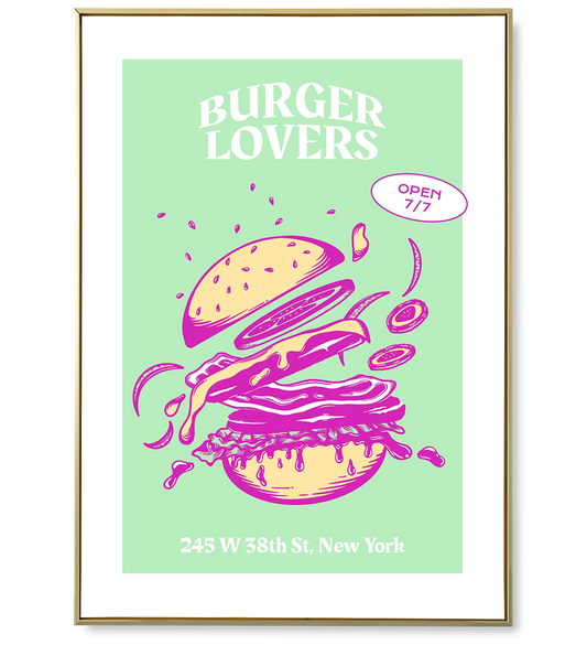 Affiche d'un hamburger aux belles couleurs : vert, jaune et rose. Les éléments volent dans l'affiche, c'est gourmand, original et aérien