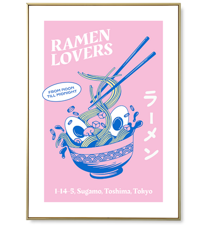 Affiche d'un ramen, couleurs de fond rose et ramen en bleu, le contraste des couleurs et très beau. L'illustration du ramen est aérienne, gourmande et colorée.